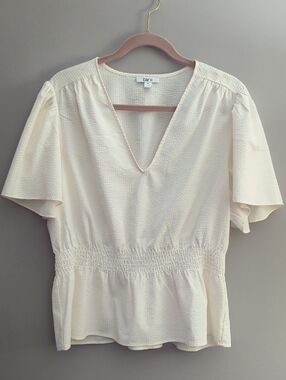 Bar III Like Pastel PeachV-Neck Smocked Peplum Blouse
